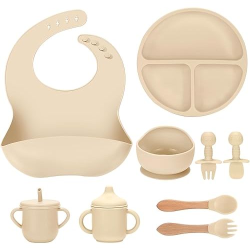 Silicone Baby Feeding Set 9 Pcs, Spill-Proof Suction Plate, Bowl, Bib, Silicone spoon&forks, Wooden Spoons&forks, Training cup with straw and Sippy Cup, Baby Eating Utensils (Beige)