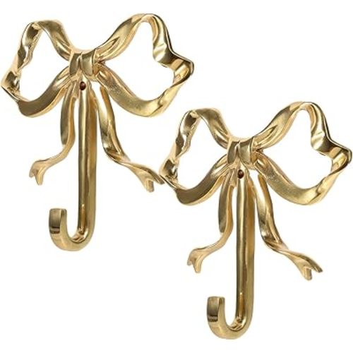 2Pcs Gold Bow Knot Hooks Brass Bow Wall Hook Metal Coat Hook Door Hanger Towel Hooks Hanger Decorative Holder for Hanging Coat Hat Towel Bathroom Living Room Kitchen Decor 4 x 3.5inch