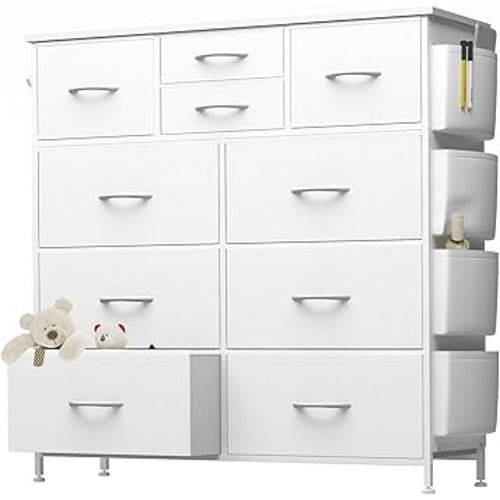 10 Drawer Dresser, Chest of Drawers for Bedroom, PU Dresser with Side Pockets, Hooks, Wooden Top and Sturdy Metal Frame for Living Room, Closet, Hallway (White)