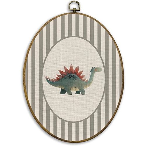 CUANFDDSF Stegosaurus Dinosaur Nursery Oval Wall Art Decor, Boys Room Wall Hanging Decor, Neutral Striped Dinosaur Framed Canvas Prints for Kids Toddler Nursery Room Bedroom Playroom, 8.6x11.4 Inch