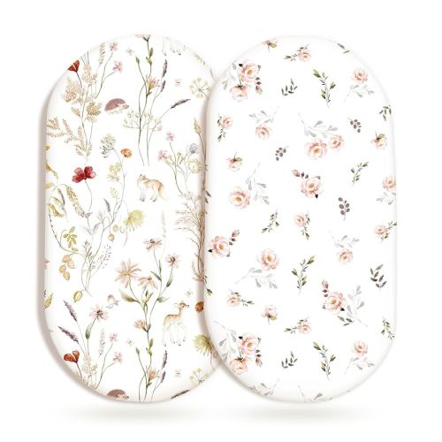 GRSSDER Ultra Soft Bassinet Sheets 2 Pack, Stretchy Breathable Knit Bassinet Mattress Sheets for Baby, Universal Fitted Baby Cradle Moses Basket Oval Rectangle Pads Safe and Snug, Stylish Flora