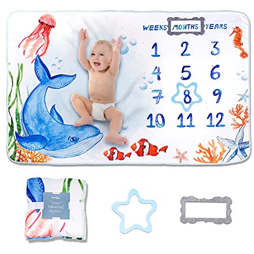 InnerSafe Baby Milestone Blanket| Original Design Baby Monthly Milestone Blanket Boy Girl|Baby Photography Props Blanket| 60'x40' Ocean World