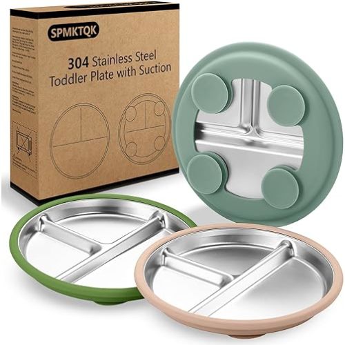 SPMKTQK 3 Pack Stainless Steel Kids Plates, Suction Divided, Baby Feeding