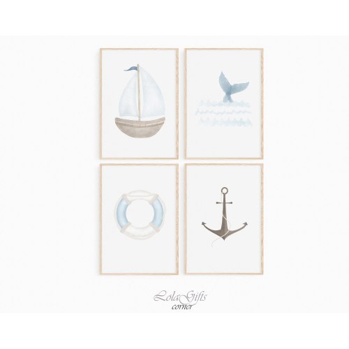 Nautical Nursery Prints Set, Sailboat Wall Art, Seaside Ocean Wall Decor, Whale Tail Art, Sea Theme Prints, Kids Room Decoration