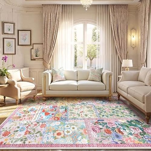 LIVEBOX Pink Washable Rugs 8x10 for Living Room, Soft Pink Rug for Bedroom,Non Slip Ultra Thin Rug Botanical Bedroom Rugs 8x10 Under Bed, Floor Carpet for Dining Room Home Office