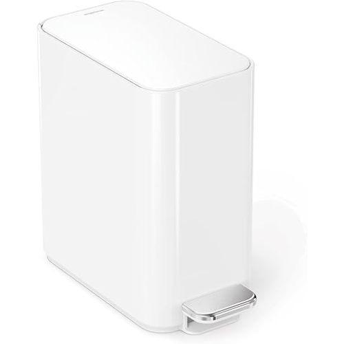 simplehuman Small Diaper Trash Can with Lid, Stainless Steel Waste Basket, 5 Liter / 1.3 Gallon, White