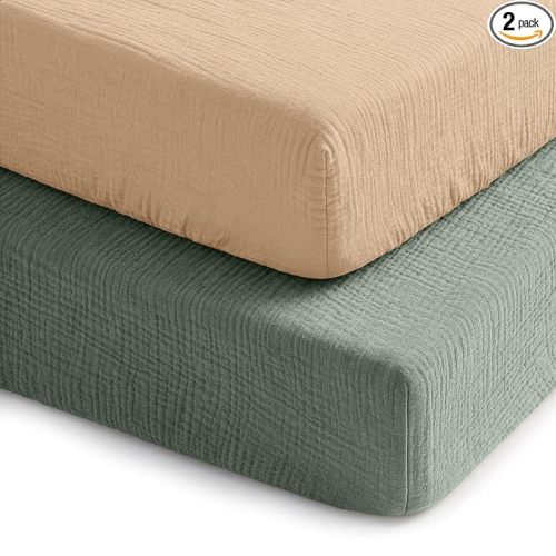 Comfy Cubs 100% Muslin Crib Fitted Sheet 2 Pack, Fern and Cream - 100% Cotton, Soft & Breathable Crib Sheets for Toddler Mattress - Snug Fit, Secure Elastic with Beautiful Packaging