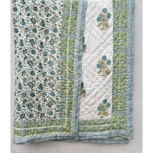 Hand Block Printed Cotton Quilt: Reversible Green Floral Indian Blanket