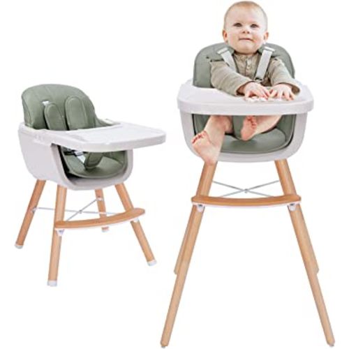 3-in-1 Convertible Wooden High Chair,Baby High Chair with Adjustable Legs & Dishwasher Safe Tray, Made of Sleek Hardwood & Premium Leatherette, Green Color