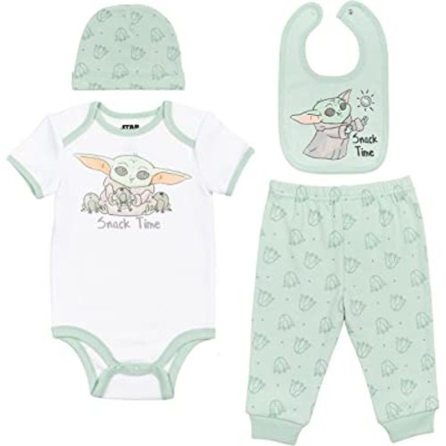 STAR WARS Mandalorian The Child Baby Boys Layette Set: Bodysuit Pants Bib Hat