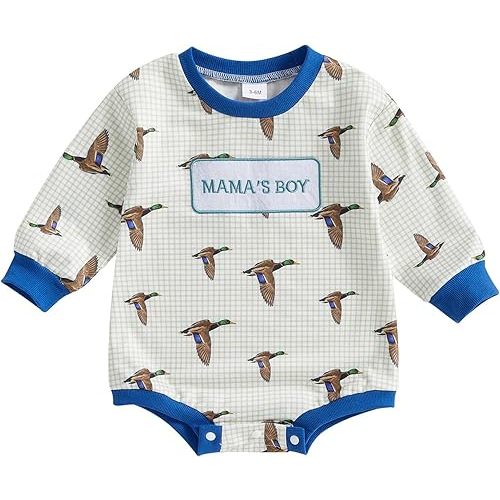 Baby Boy Hunting Clothes Mallard Duck Letter Embroidery Sweatshirt Romper Oversized Bubble Duck Hunter Playsuit