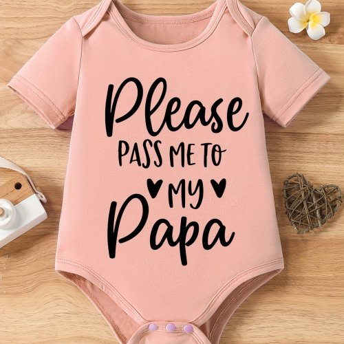 &quot;Please Pass Me To My Papa&quot; Letter Print Baby Girls&#39; Casual Short Sleeve Triangle Jumpsuit, Comfortable Knitted Fabric Slight Stretch Summer Clothes Bodysuit
