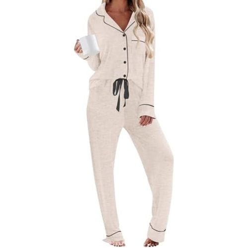 HNG Pajamas for Women Set 2 Piece Pj Set Long Sleeve Button Up Lounge Sets Sleepwear with Pockets XS-XXL