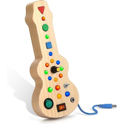 Montessori Toddler Busy Board Toy Busy Board with 15 LED Light Wooden Guitar Busy Board Toy Sensory Toy Light Switch Toy for Toddler and Baby