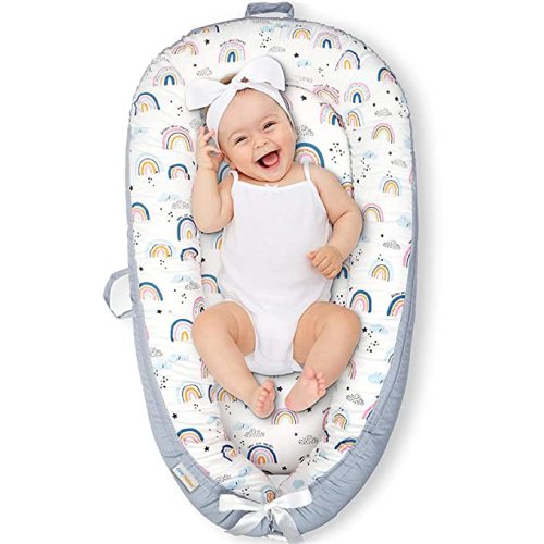 CosyNation Baby Lounger, Baby Nest for Co Sleeping, Ultra Soft and Breathable Cotton, Portable & Lightweight for Traveling, Perfect for Bassinet & Cribs, Essential for Newborn Shower Gift (Rainbow)