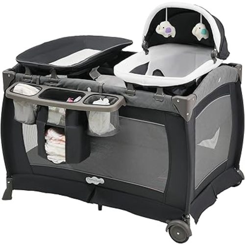 Pamo Babe Playard Portable Playard Foldable Playpen for Baby and Toddler Portable Crib Mattress Diaper Changer for Newborn (Grey)