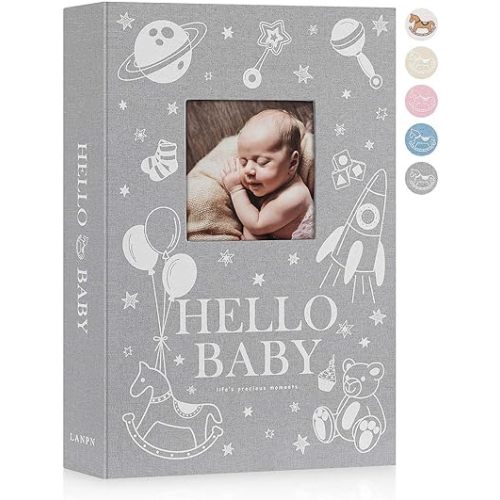 Lanpn Baby Photo Album 4x6 300 Pockets, Linen Newborn Bebe Ultrasound Photo Album with Memo Writing Area, Cover Photo Book, Picture Album for kids, Baby Boy Memory Book Keepsake Grey