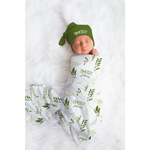 Personalized Swaddle Blanket Hat Set with Leaves -Custom Baby Shower Gift Hospital Name Announcement Personalized Baby Blanket with Greenery