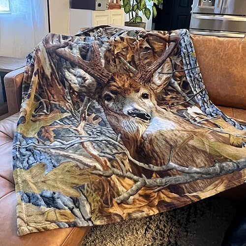 Dawhud Direct Camo Buck Deer Fleece Blanket for Bed, 50" x 60" Woodland Fleece Throw Blanket for Men, Women and Kids - Super Soft Plush Deer Blanket Throw