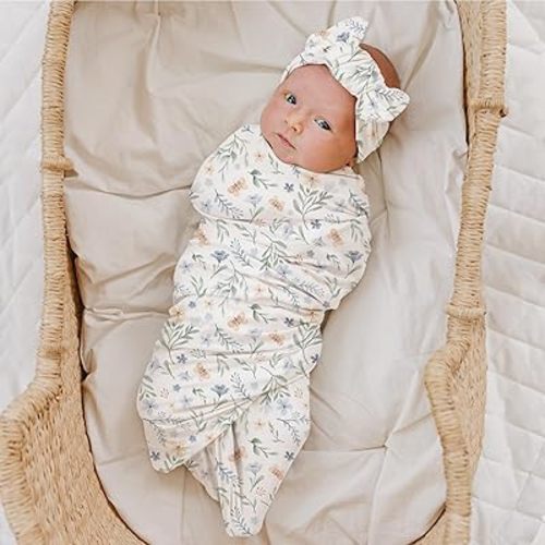 Konssy Baby Girl Newborn Receiving Blanket with Headband Set Baby Swaddle Nursery Swaddle Wrap