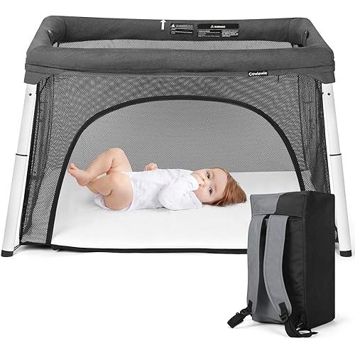 Cowiewie Travel Crib and Playard, Folding Portable Crib for Baby and Toddlers 1-3, Breathable and Washable Baby Playpen with Waterproof Mattress, Compact Travel Crib Backpack - Dark Gray
