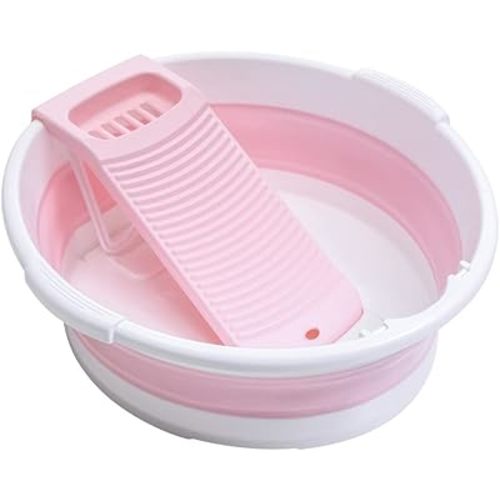 Fold Washboard Basin for Hand Washing Clothes,Non-Slip Washtub with Integrated Washboard for Hand Wash Laundry Household (Pink)