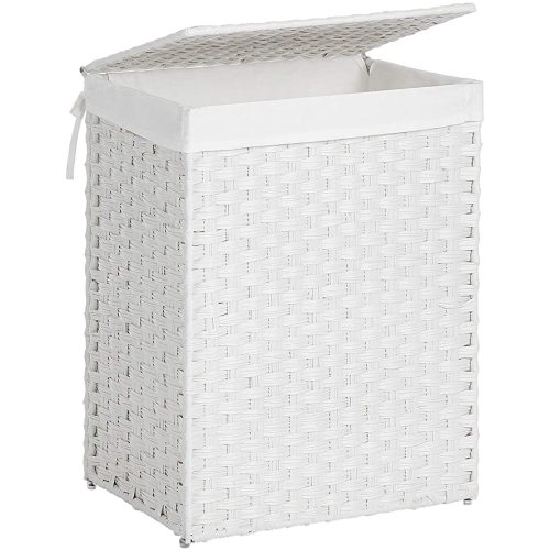 SONGMICS Handwoven Laundry Hamper, 23.8 Gal (90L) Synthetic Rattan Clothes Laundry Basket with Lid and Handles, Foldable, Removable Liner Bag, White ULCB51WT