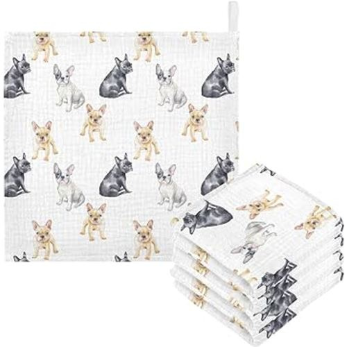 Baby Washcloths Cotton Pets French Bulldog Baby Muslin Washcloths Soft Baby Face Towel for Newborn Infants Baby Wipes, 11.8 X 11.8 Inch, 5 Pack