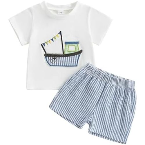 2PCS Summer Outfit Toddler Baby Boy Sailboat Short Sleeve T-Shirt Plaid Shorts Set Infant Boy Clothes