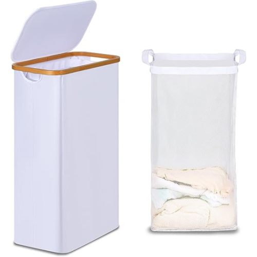 Slim Laundry Basket with Lid, Narrow Laundry Hamper with Removable Bag, Skinny Dirty Clothes Basket with Bamboo Handles for Bathroom, Bedroom & Laundry Room, 75L White