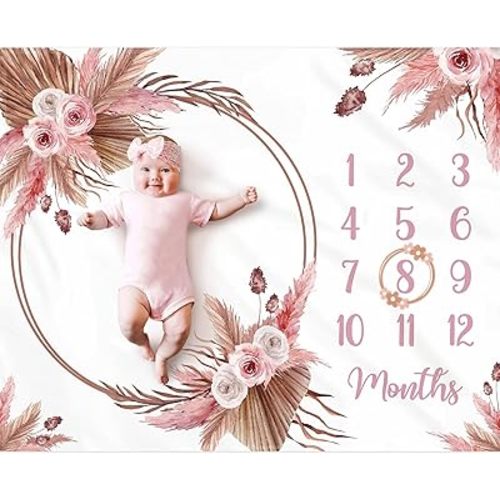 Floral Boho Baby Monthly Milestone Blanket Little Girl Bohemian Photo Prop Blanket Personalized Bliss Baby Present Pampas Grass Ideas for Newborn Princess Pinkk Nursery Décor 40" X 50"