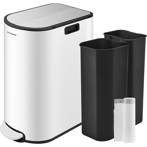 SONGMICS 13-Gallon Dual Kitchen Trash Can, 5.3 and 8 Gallon Compartments, Garbage Can with Wing Lids, Stainless Steel, Soft Close, Inner Buckets, Cloud White and Metallic Silver ULTB570W50
