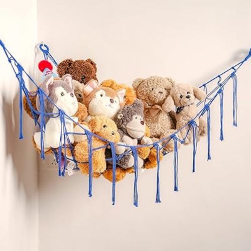 Stuffed Animals Hammock Corner Hanging Net for Macrame Stuffed Animal Storage Plush Toy Holder Toy Organizer for Boho Nursery Playroom Bedroom Kids Room Decor (blue, Large)