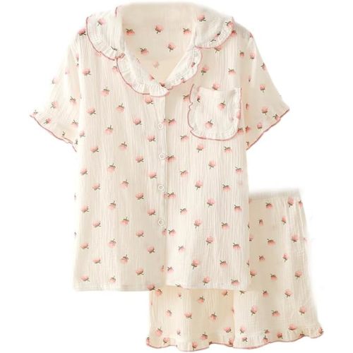 Womens Ruffle Trim Floral Print Pajama Set Cute Pjs Short Sleeve Shirt and Shorts Set Sleepwear