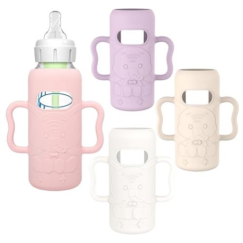 KingKam 4 Pack Silicone Sleeves for Dr. Brown's Glass Baby Bottles, Drop Protection Easy-Grip Baby Bottle Sleeves Holder with Handles, Compatible with Dr. Brown's Narrow Glass Bottles 8oz
