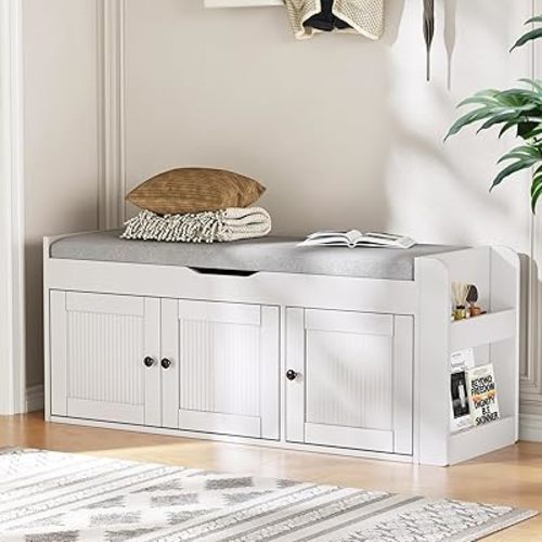 42.6" Storage Bench - Entryway Shoe Bench with Side Storage Shelves and 3 Doors, Multifunctional Entryway Bench with Lift Top Cushion, Shoe Storage Bench for Bedroom, Living Room, White