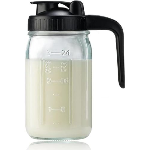 Breast Milk Pitcher Jug Glass Mason Jar Airtight Pitcher with Pour Spout Handle for Breastmilk, Iced Tea, Ice Drinks Storage Container (Black, 32oz)