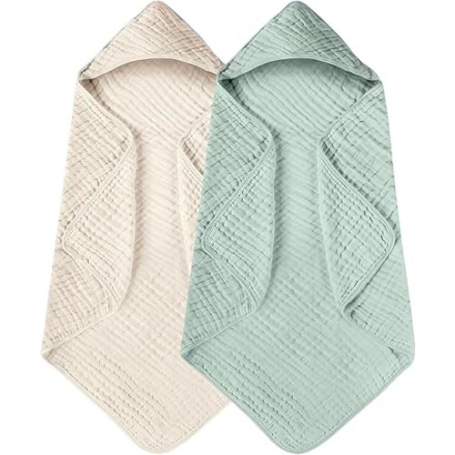 Yoofoss Hooded Baby Towels for Newborn 2 Pack 100% Muslin Cotton Baby Bath Towel with Hood for Babies, Infant, Toddler and Kids, Large 32x32Inch, Soft and Absorbent Newborn Essential