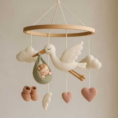 Handmade Baby Woodland Carrying Stork Mobile Nursery Toy Baby Girl Mobile Baby Gift