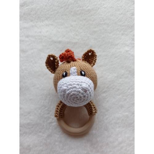 Horse Brown with White - Baby Rattle Toy on Wooden Teething ring