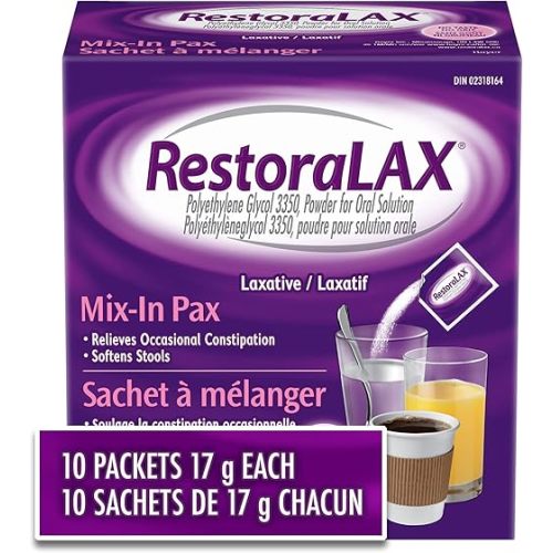 RestoraLAX Powder Laxative, Effective Relief, No Taste, No Grit, No Gas, No Bloating, No Cramps, No Sudden Urge, Convenient 10 Single Dose Sachets