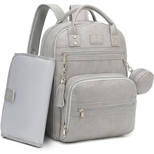 Premium Vegan Leather Diaper Bag Backpack with Waterproof Changing Pad, Reinforced Zippers & Odor-Free, 20 Pockets Pro Organizer, Fits 15.6" Laptop, Stroller Straps, Baby Bag for Mom, Grey