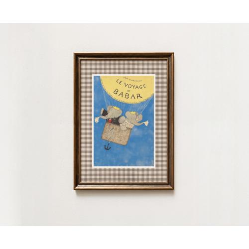 Babar The Elephant with Gingham Background Art Print, Retro Nursery Decor