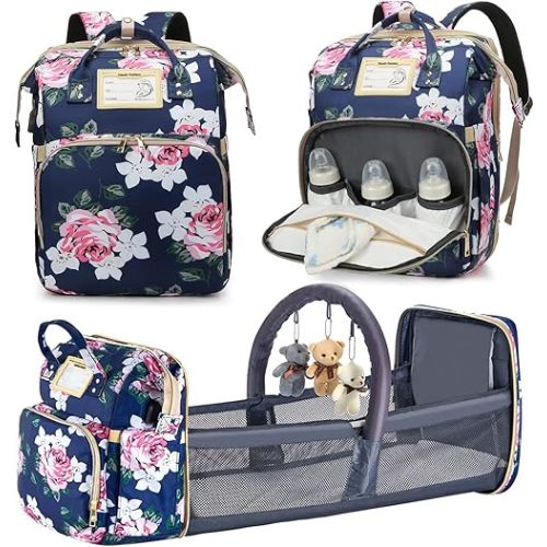 Diaper Bag Backpack with Changing Station, Foldable for Bady Toddler, 3 in 1 Large Capacity Newborn Essentials Organizer with Stroller Hook for Girls and Boys(Blue)