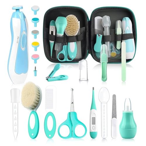 WXA Baby Healthcare and Grooming Kit with Nail Clippers, Scissors, Infant Grooming Kit for Newborns (18 in 1, Green)