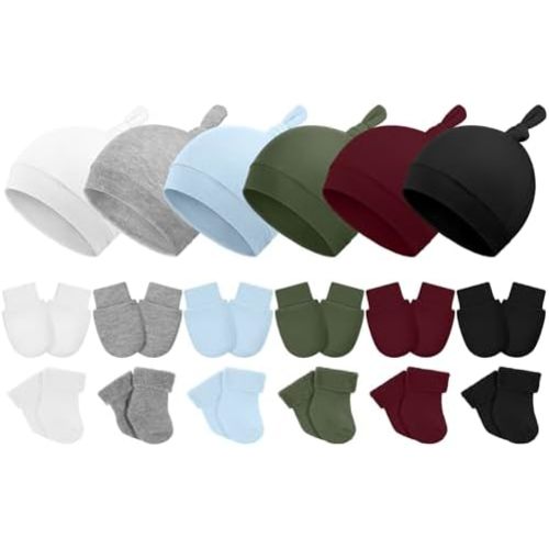 6 Pcs Preemie Hats Mittens and Socks Set Cotton Preemie Cap Knotted Hat No Scratch Warm Terry Socks for Boys Girls