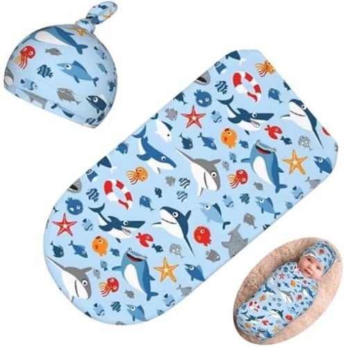Cartoon Sharks Ocean Newborn Swaddling Blanket Beanie Hat Sets Soft Baby Receiving Funny Blanket Soft Sleeping Bag New Born Soft Sleep Sacks for Boys Girls