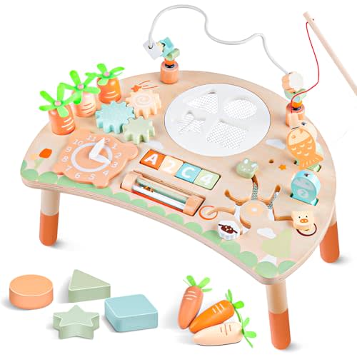 Hewaurorion Activity Table for 1+ Year Old, 9-in-1 Montessori Wooden Sensory Table with Shape Sorter Fishing Game Bead Maze, Baby Activity Center Toy Learning Toys for Toddler 12-18 Months