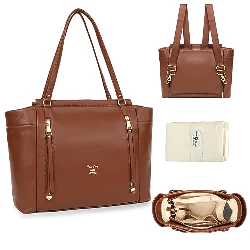 miss fong Diaper Bag Tote Leather Diaper Bag Backpack, Large Capacity Mommy Bag Hospital Bag, 12 Pockets Travel Diaper Tote with Changing Pad,Stroller Straps & Insulated Pockets for Mom & Dad-Brown
