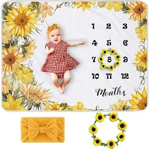 Sunflower Baby Monthly Milestone Blanket Girl, Floral Newborns Month Blanket Gift for Baby Shower, Soft Plush Photo Prop Blanket, Wreath &Headband Included, 45''x40''